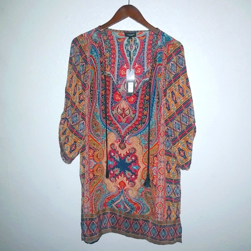 Tolani NOVA L Silk Boho Paisley Rich Colors Caftan Dress in Turquoise n Red - Picture 2 of 11